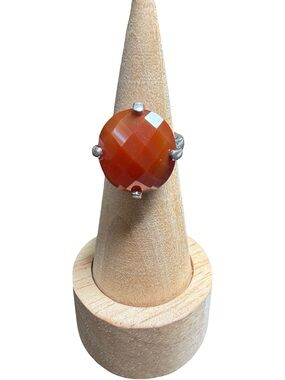 Faceted Carnelian Ring in Deep Orange - Sterling-Tone Setting